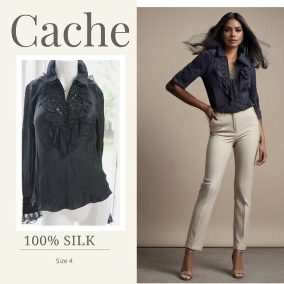 CACHE SIZE 4 BLACK SILK TOP W/BEADS - Picture 1 of 6
